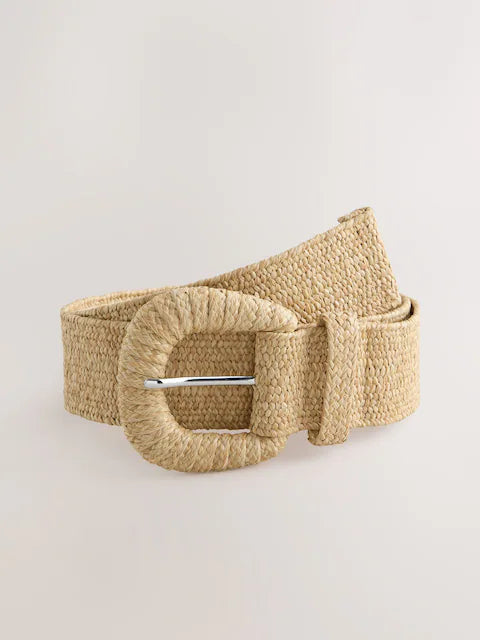 Neutral Wide Raffia Effect Belt