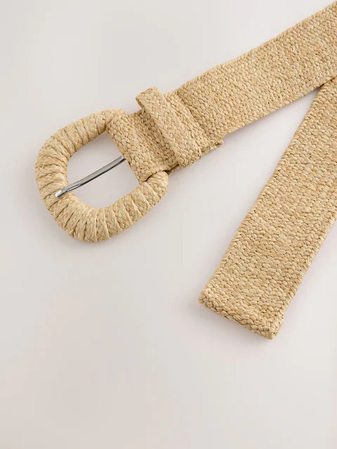 Neutral Wide Raffia Effect Belt